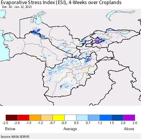 Central Asia Evaporative Stress Index (ESI), 4-Weeks over Croplands Thematic Map For 1/16/2023 - 1/22/2023