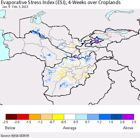 Central Asia Evaporative Stress Index (ESI), 4-Weeks over Croplands Thematic Map For 1/30/2023 - 2/5/2023
