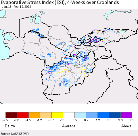 Central Asia Evaporative Stress Index (ESI), 4-Weeks over Croplands Thematic Map For 2/6/2023 - 2/12/2023