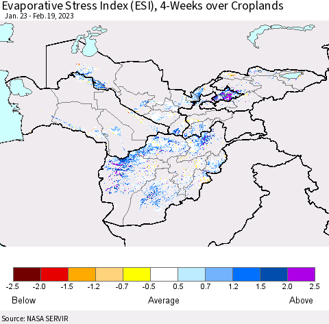 Central Asia Evaporative Stress Index (ESI), 4-Weeks over Croplands Thematic Map For 2/13/2023 - 2/19/2023