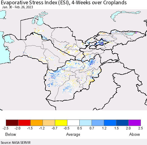 Central Asia Evaporative Stress Index (ESI), 4-Weeks over Croplands Thematic Map For 2/20/2023 - 2/26/2023