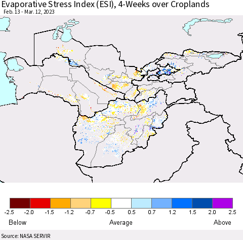 Central Asia Evaporative Stress Index (ESI), 4-Weeks over Croplands Thematic Map For 3/6/2023 - 3/12/2023