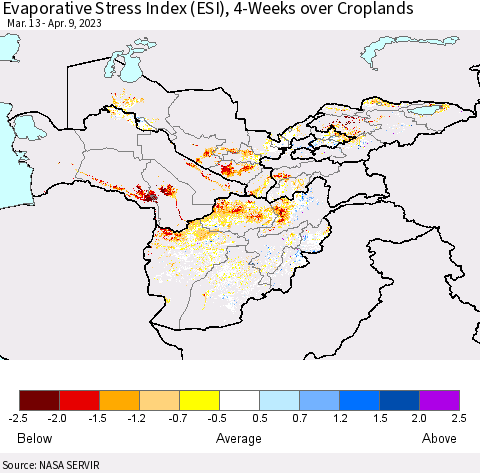 Central Asia Evaporative Stress Index (ESI), 4-Weeks over Croplands Thematic Map For 4/3/2023 - 4/9/2023