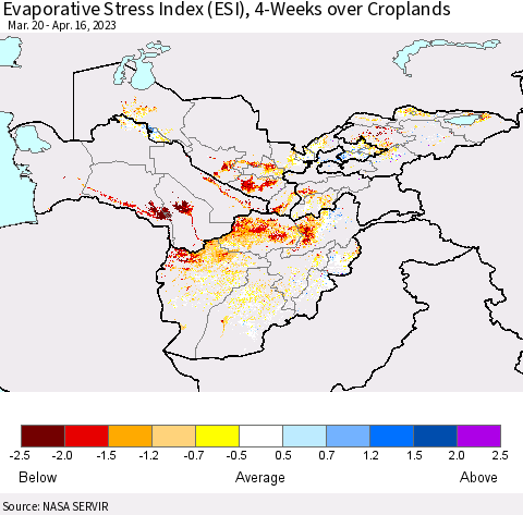 Central Asia Evaporative Stress Index (ESI), 4-Weeks over Croplands Thematic Map For 4/10/2023 - 4/16/2023