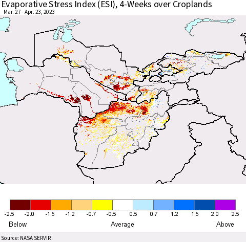 Central Asia Evaporative Stress Index (ESI), 4-Weeks over Croplands Thematic Map For 4/17/2023 - 4/23/2023