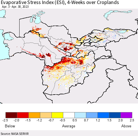 Central Asia Evaporative Stress Index (ESI), 4-Weeks over Croplands Thematic Map For 4/24/2023 - 4/30/2023