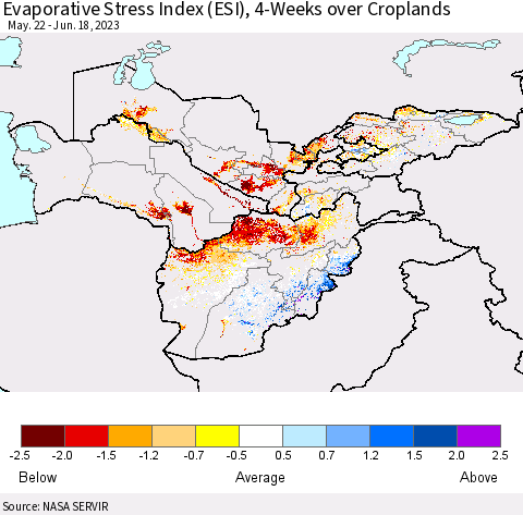 Central Asia Evaporative Stress Index (ESI), 4-Weeks over Croplands Thematic Map For 6/12/2023 - 6/18/2023