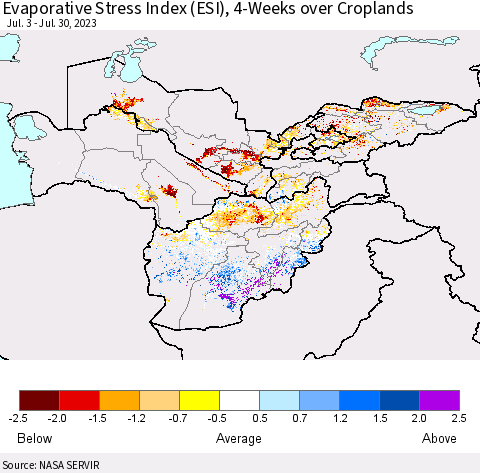 Central Asia Evaporative Stress Index (ESI), 4-Weeks over Croplands Thematic Map For 7/24/2023 - 7/30/2023