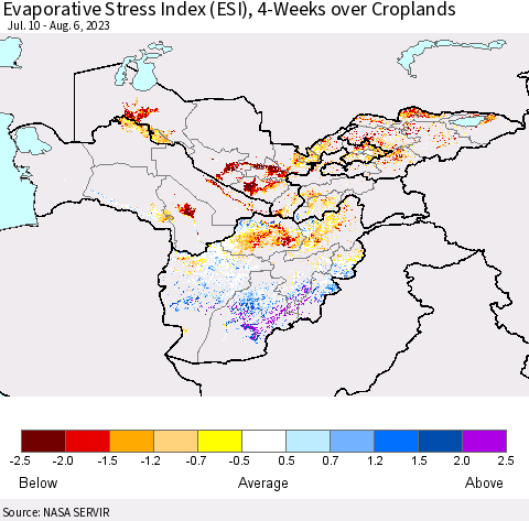 Central Asia Evaporative Stress Index (ESI), 4-Weeks over Croplands Thematic Map For 7/31/2023 - 8/6/2023