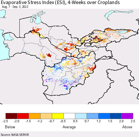 Central Asia Evaporative Stress Index (ESI), 4-Weeks over Croplands Thematic Map For 8/28/2023 - 9/3/2023