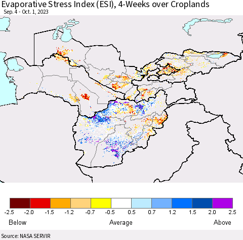 Central Asia Evaporative Stress Index (ESI), 4-Weeks over Croplands Thematic Map For 9/25/2023 - 10/1/2023
