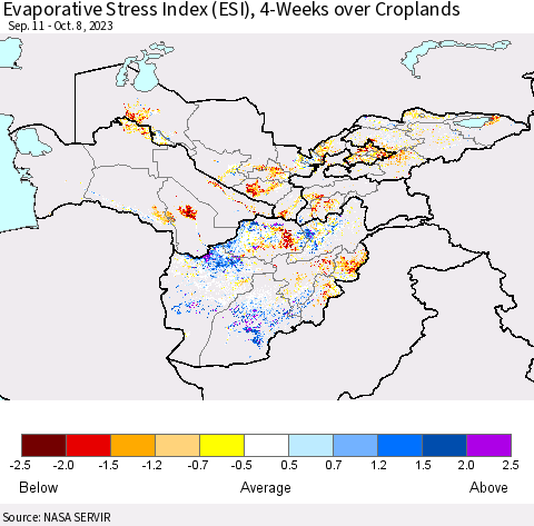 Central Asia Evaporative Stress Index (ESI), 4-Weeks over Croplands Thematic Map For 10/2/2023 - 10/8/2023