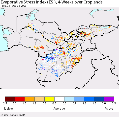 Central Asia Evaporative Stress Index (ESI), 4-Weeks over Croplands Thematic Map For 10/9/2023 - 10/15/2023
