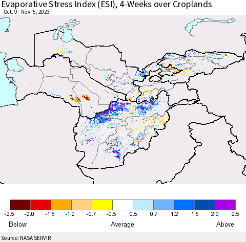 Central Asia Evaporative Stress Index (ESI), 4-Weeks over Croplands Thematic Map For 10/30/2023 - 11/5/2023