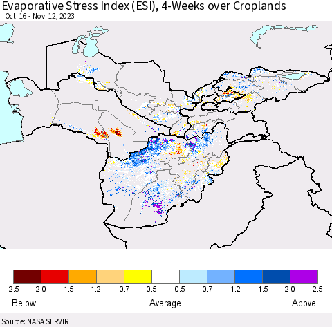 Central Asia Evaporative Stress Index (ESI), 4-Weeks over Croplands Thematic Map For 11/6/2023 - 11/12/2023