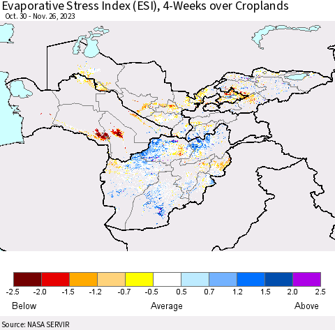 Central Asia Evaporative Stress Index (ESI), 4-Weeks over Croplands Thematic Map For 11/20/2023 - 11/26/2023