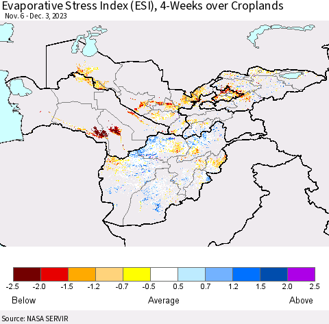 Central Asia Evaporative Stress Index (ESI), 4-Weeks over Croplands Thematic Map For 11/27/2023 - 12/3/2023