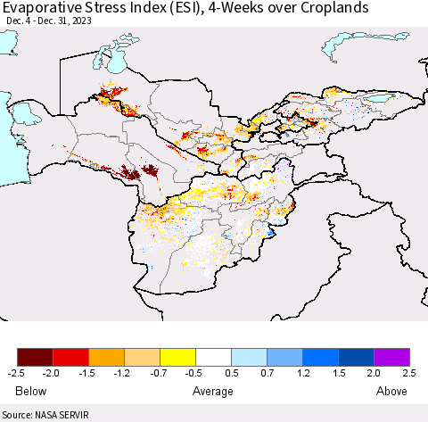 Central Asia Evaporative Stress Index (ESI), 4-Weeks over Croplands Thematic Map For 12/25/2023 - 12/31/2023