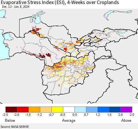 Central Asia Evaporative Stress Index (ESI), 4-Weeks over Croplands Thematic Map For 1/8/2024 - 1/14/2024