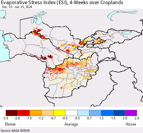 Central Asia Evaporative Stress Index (ESI), 4-Weeks over Croplands Thematic Map For 1/15/2024 - 1/21/2024