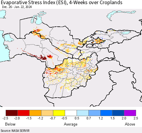 Central Asia Evaporative Stress Index (ESI), 4-Weeks over Croplands Thematic Map For 1/22/2024 - 1/28/2024