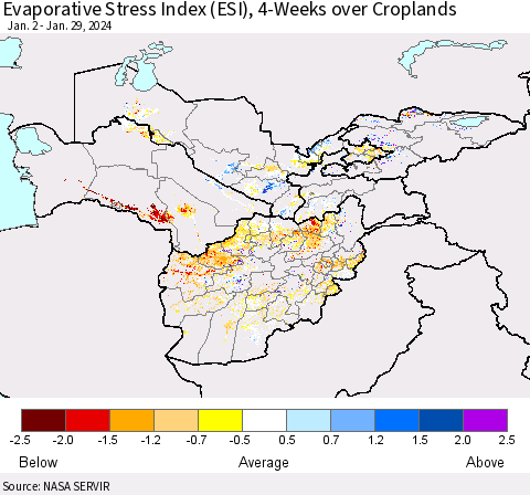 Central Asia Evaporative Stress Index (ESI), 4-Weeks over Croplands Thematic Map For 1/29/2024 - 2/4/2024