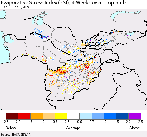 Central Asia Evaporative Stress Index (ESI), 4-Weeks over Croplands Thematic Map For 2/5/2024 - 2/11/2024