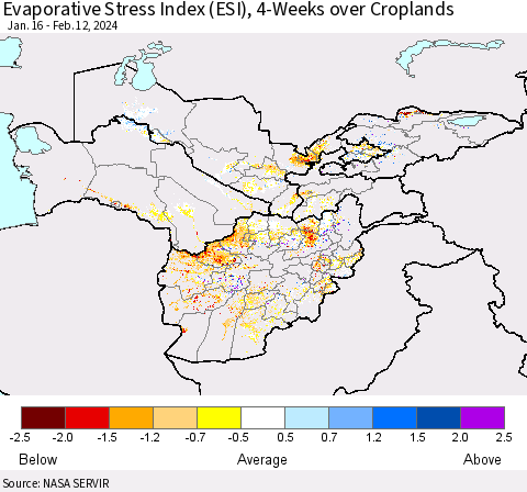 Central Asia Evaporative Stress Index (ESI), 4-Weeks over Croplands Thematic Map For 2/12/2024 - 2/18/2024