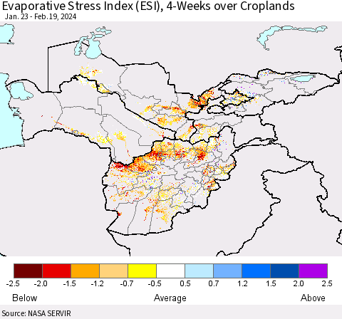 Central Asia Evaporative Stress Index (ESI), 4-Weeks over Croplands Thematic Map For 2/19/2024 - 2/25/2024