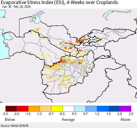 Central Asia Evaporative Stress Index (ESI), 4-Weeks over Croplands Thematic Map For 2/26/2024 - 3/3/2024