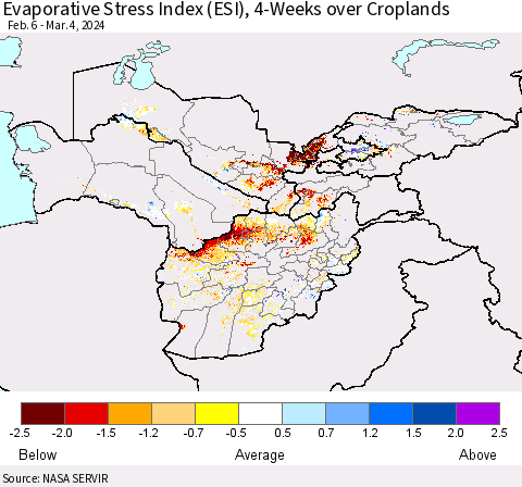 Central Asia Evaporative Stress Index (ESI), 4-Weeks over Croplands Thematic Map For 3/4/2024 - 3/10/2024