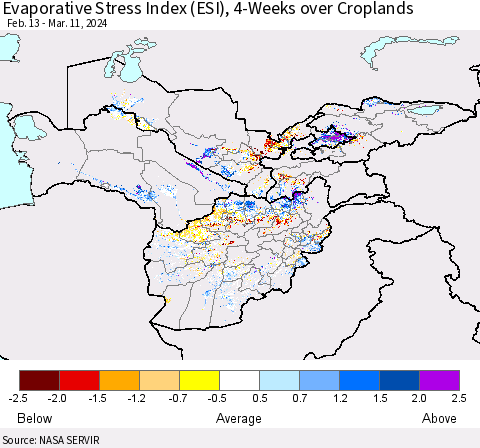 Central Asia Evaporative Stress Index (ESI), 4-Weeks over Croplands Thematic Map For 3/11/2024 - 3/17/2024