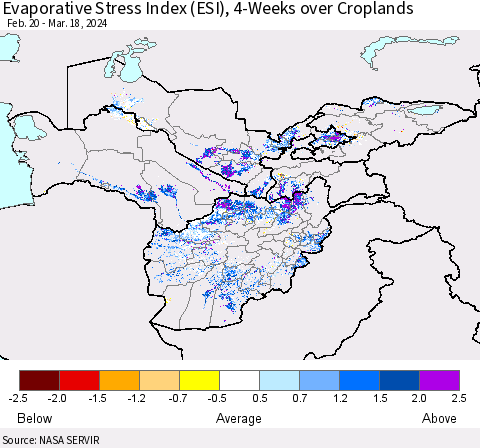 Central Asia Evaporative Stress Index (ESI), 4-Weeks over Croplands Thematic Map For 3/18/2024 - 3/24/2024