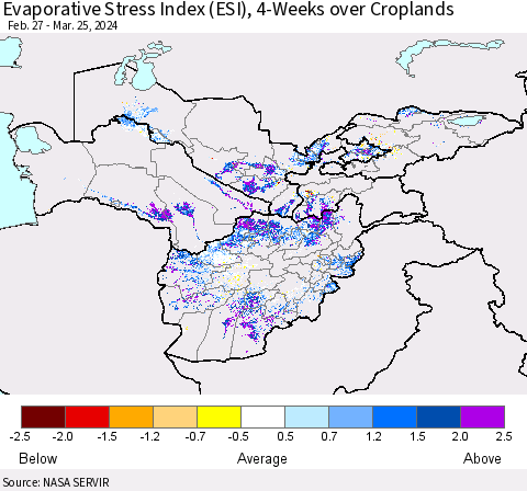 Central Asia Evaporative Stress Index (ESI), 4-Weeks over Croplands Thematic Map For 3/25/2024 - 3/31/2024