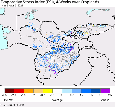 Central Asia Evaporative Stress Index (ESI), 4-Weeks over Croplands Thematic Map For 4/1/2024 - 4/7/2024