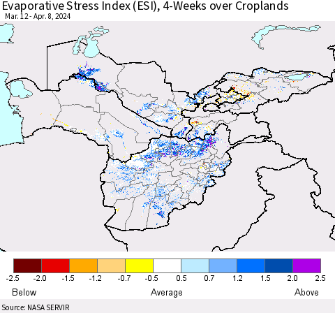 Central Asia Evaporative Stress Index (ESI), 4-Weeks over Croplands Thematic Map For 4/8/2024 - 4/14/2024