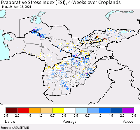 Central Asia Evaporative Stress Index (ESI), 4-Weeks over Croplands Thematic Map For 4/15/2024 - 4/21/2024