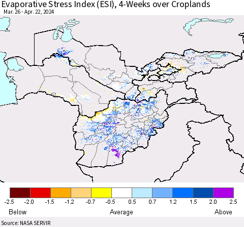 Central Asia Evaporative Stress Index (ESI), 4-Weeks over Croplands Thematic Map For 4/22/2024 - 4/28/2024