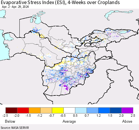 Central Asia Evaporative Stress Index (ESI), 4-Weeks over Croplands Thematic Map For 4/29/2024 - 5/5/2024