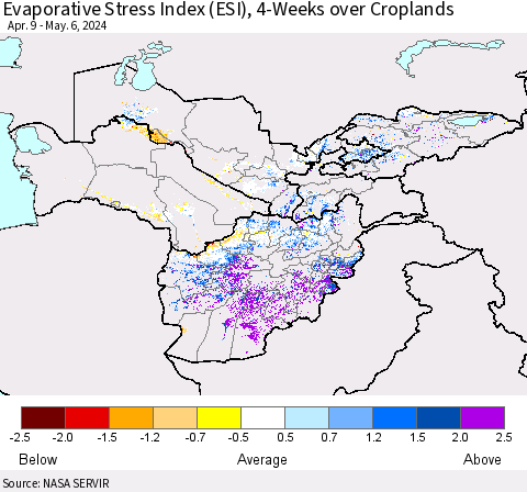 Central Asia Evaporative Stress Index (ESI), 4-Weeks over Croplands Thematic Map For 5/6/2024 - 5/12/2024