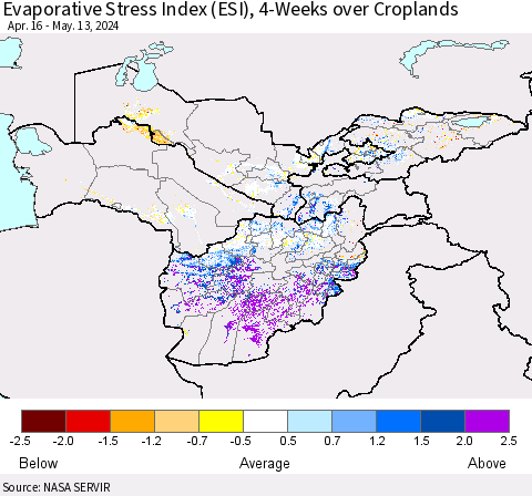 Central Asia Evaporative Stress Index (ESI), 4-Weeks over Croplands Thematic Map For 5/13/2024 - 5/19/2024