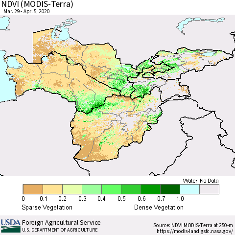 Central Asia NDVI (Terra-MODIS) Thematic Map For 4/1/2020 - 4/10/2020