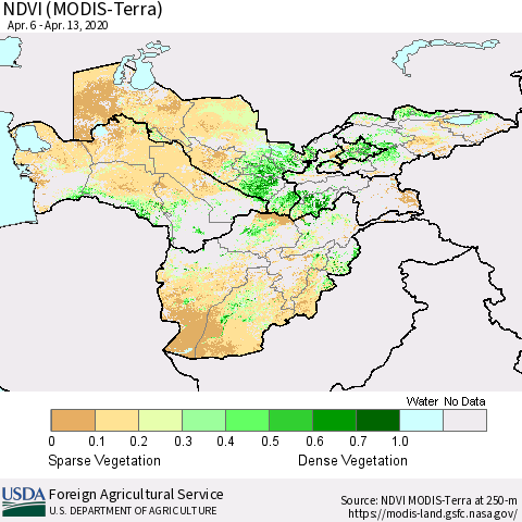 Central Asia NDVI (Terra-MODIS) Thematic Map For 4/11/2020 - 4/20/2020
