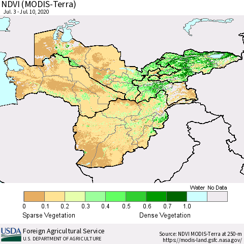Central Asia NDVI (Terra-MODIS) Thematic Map For 7/1/2020 - 7/10/2020