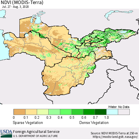 Central Asia NDVI (Terra-MODIS) Thematic Map For 8/1/2020 - 8/10/2020