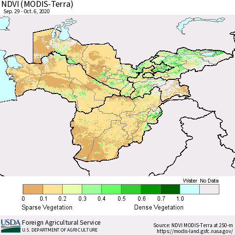 Central Asia NDVI (Terra-MODIS) Thematic Map For 10/1/2020 - 10/10/2020