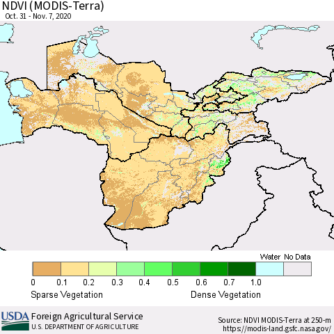 Central Asia NDVI (Terra-MODIS) Thematic Map For 11/1/2020 - 11/10/2020