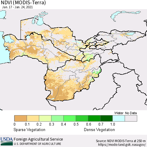 Central Asia NDVI (Terra-MODIS) Thematic Map For 1/21/2021 - 1/31/2021
