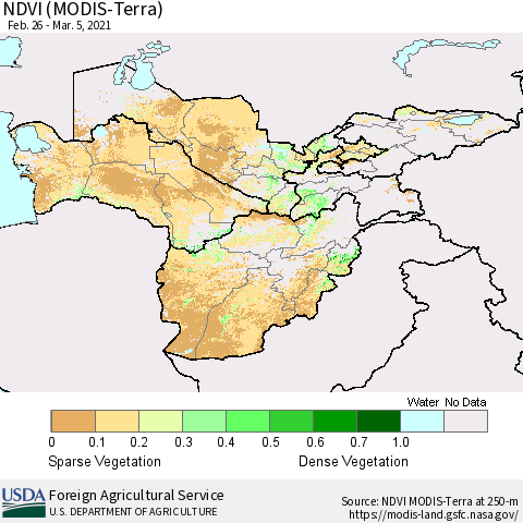 Central Asia NDVI (Terra-MODIS) Thematic Map For 3/1/2021 - 3/10/2021