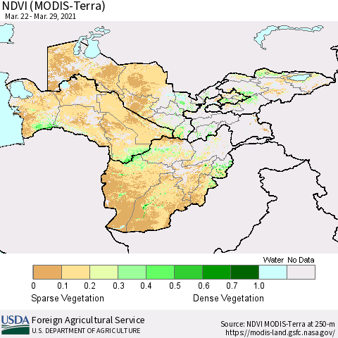 Central Asia NDVI (Terra-MODIS) Thematic Map For 3/21/2021 - 3/31/2021